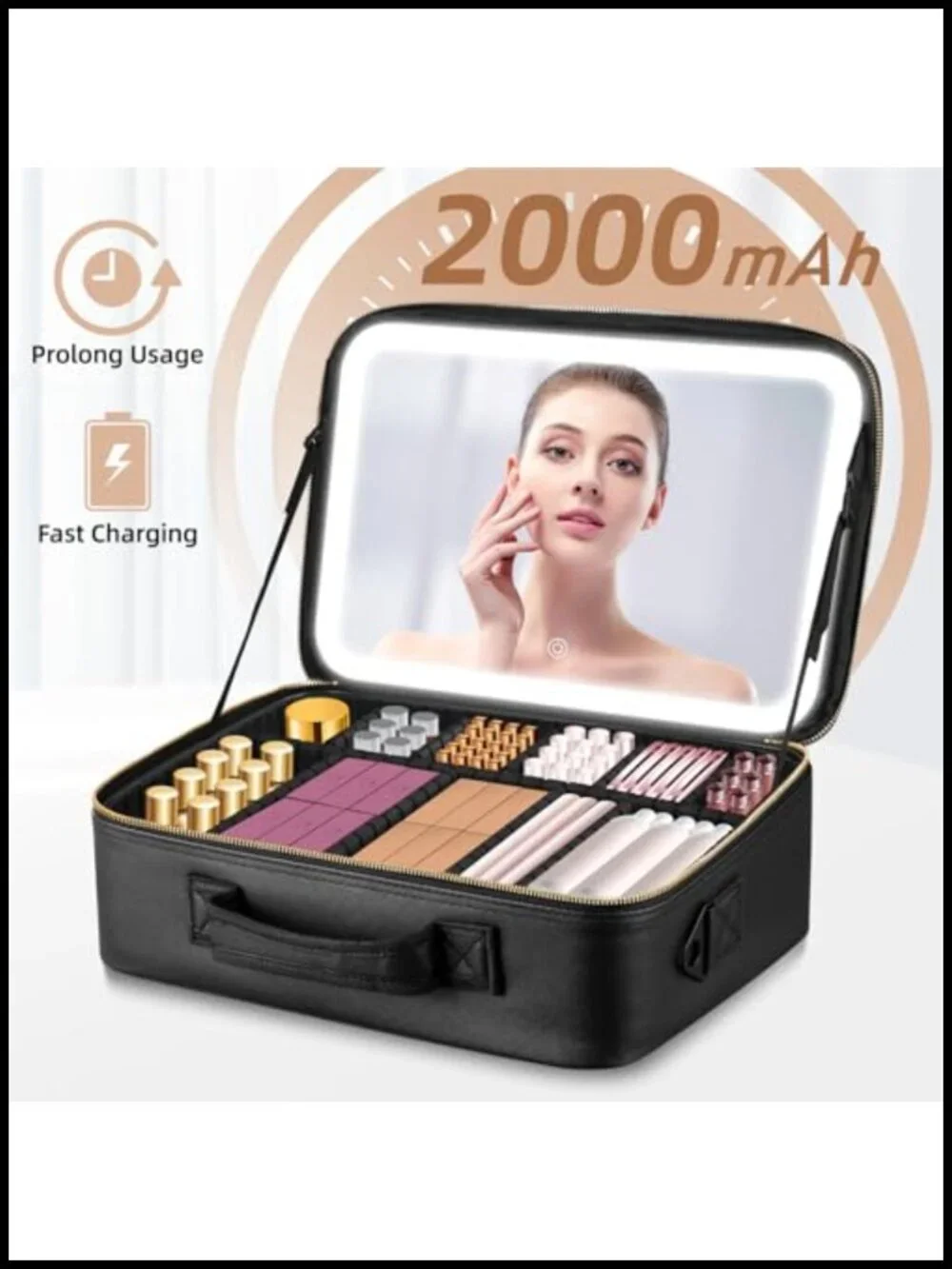 Large Capacity Makeup Bag with LED Mirror, 3 Color Light Adjustable Brightness,